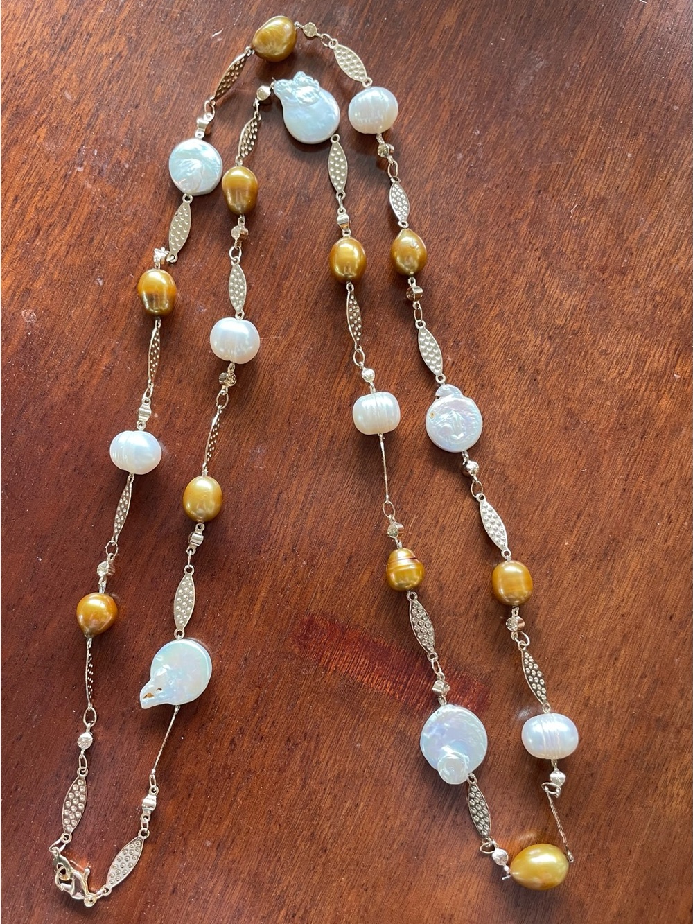 Vintage Gold Tone with Baroque Freshwater White & Gold Pearl Long Necklace